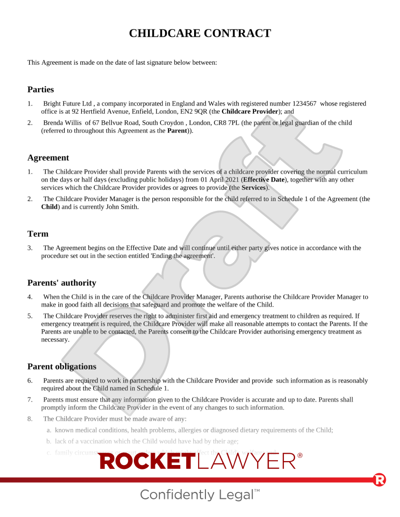 Childcare Contract Template FAQs Rocket Lawyer UK